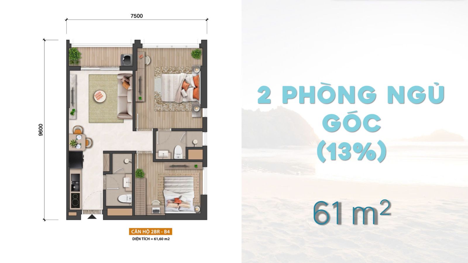 MẶT BẰNG 2 PHÒNG NGỦ GÓC - BLANCA CITY 