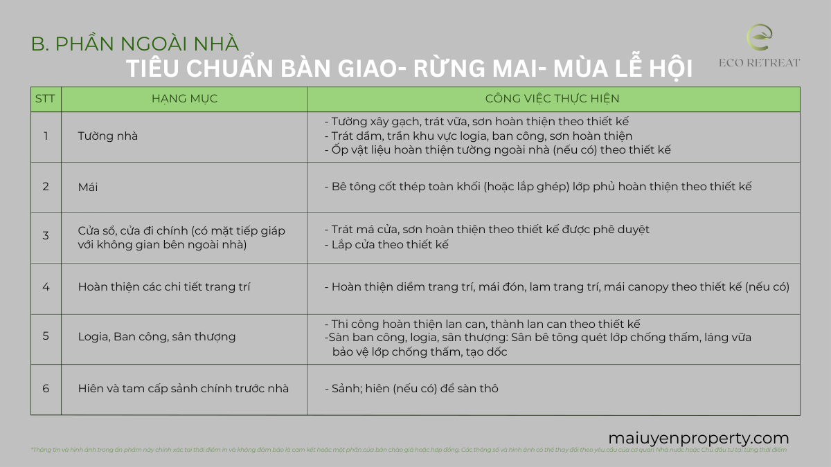 TIÊU CHUẨN BÀN GIAO - RỪNG MAI- MÙA LỄ HỘI- ECO RETREAT LONG AN