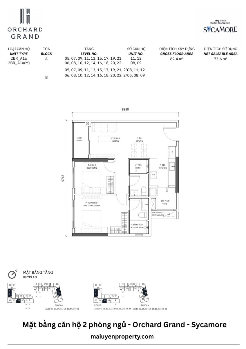 MẶT BẰNG CĂN HỘ 2 PHÒNG NGỦ ORCHARD GRAND SYCAMORE
