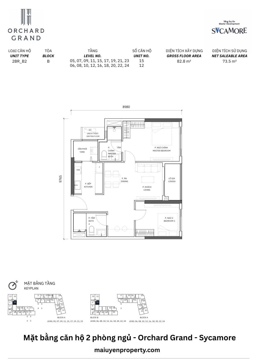MẶT BẰNG CĂN HỘ 2 PHÒNG NGỦ ORCHARD GRAND SYCAMORE