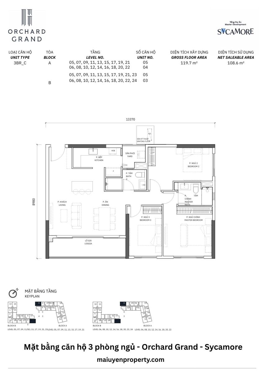 MẶT BẰNG CĂN HỘ 3 PHÒNG NGỦ ORCHARD GRAND SYCAMORE
