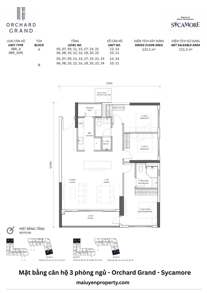 MẶT BẰNG CĂN HỘ 3 PHÒNG NGỦ ORCHARD GRAND SYCAMORE
