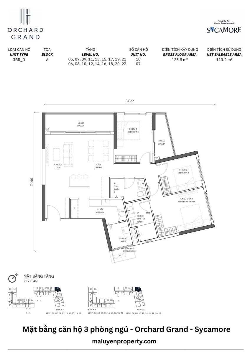 MẶT BẰNG CĂN HỘ 3 PHÒNG NGỦ ORCHARD GRAND SYCAMORE
